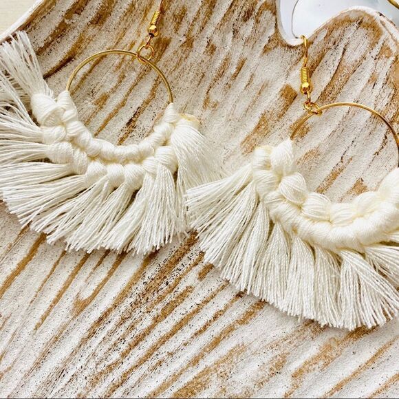Boho Macrame Tassel Drop Hoop Earrings NWT - Picture 3 of 4